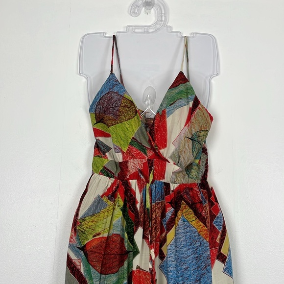 Elisa Maxi Dress Leaf Print Womens S/M V Neck Drawstring Bodice Lightweight Pant - Picture 3 of 9